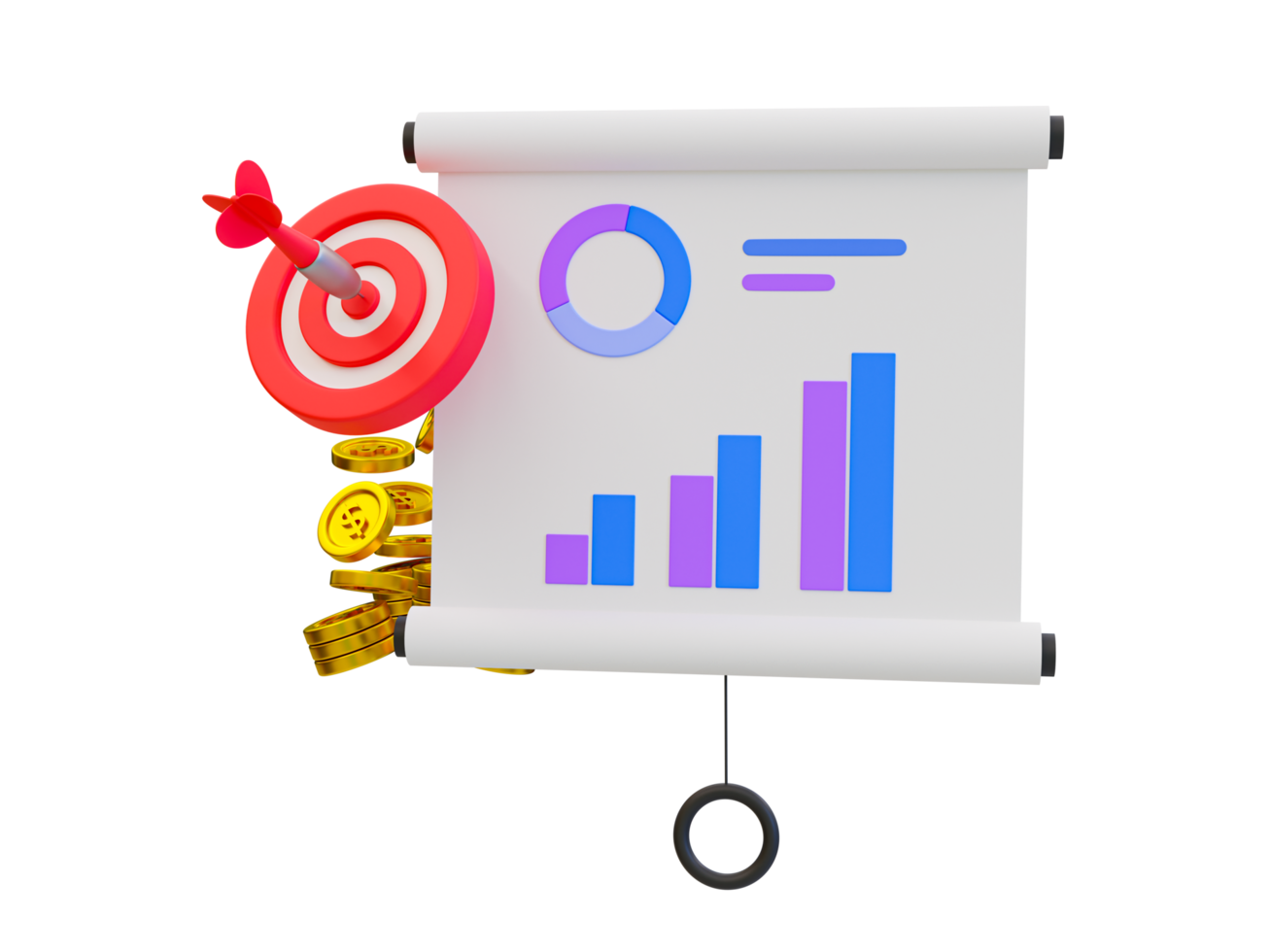 3d-minimal-business-goal-concept-statistic-data-analysis-marketing-strategy-projector-board-with-a-chart-graph-dart-board-and-a-pile-of-money-3d-illustration-free-png